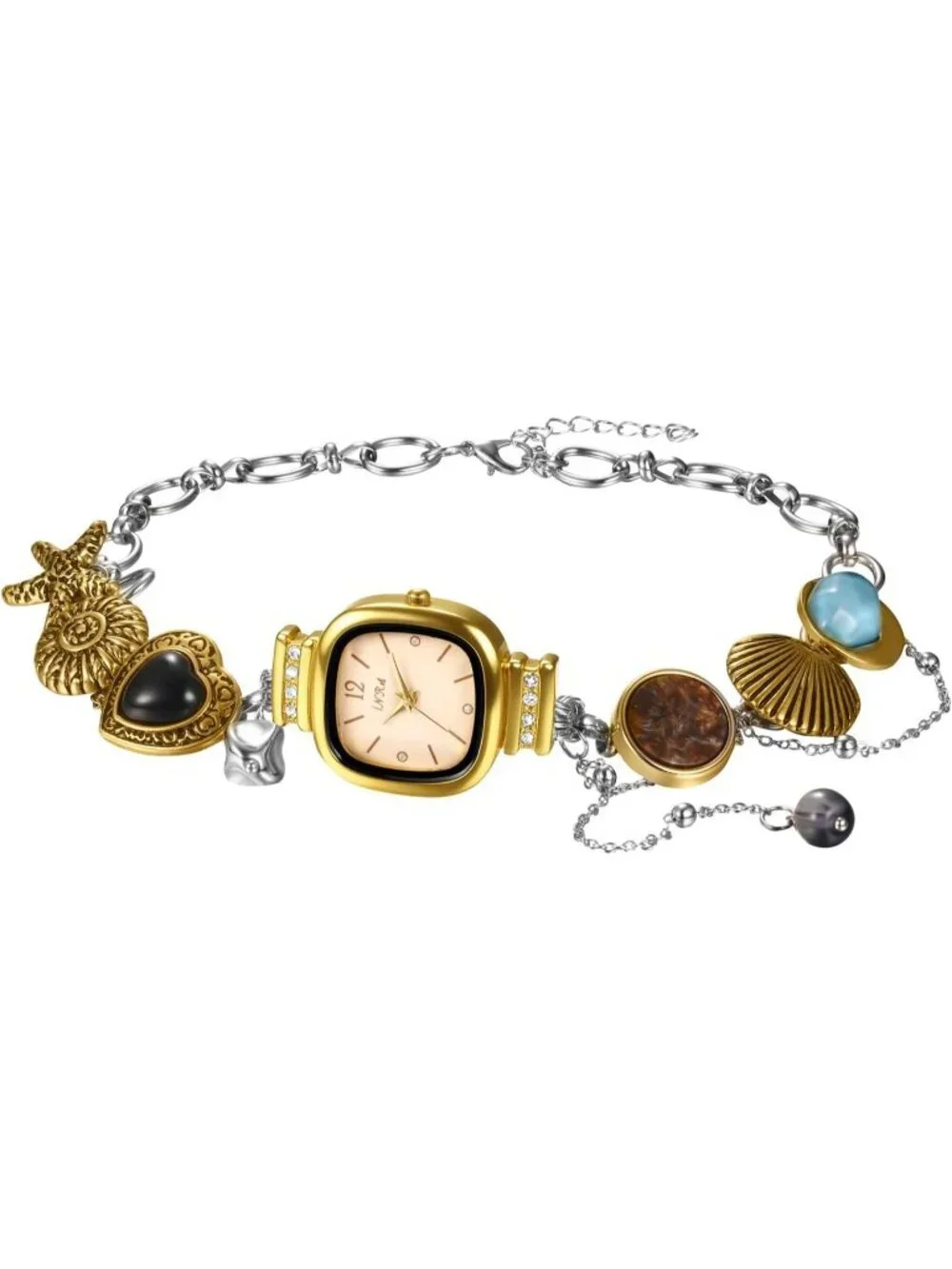 Women Silver Quartz Square Dial Seashell Starfish Imitation Ocean Necklace Watch
